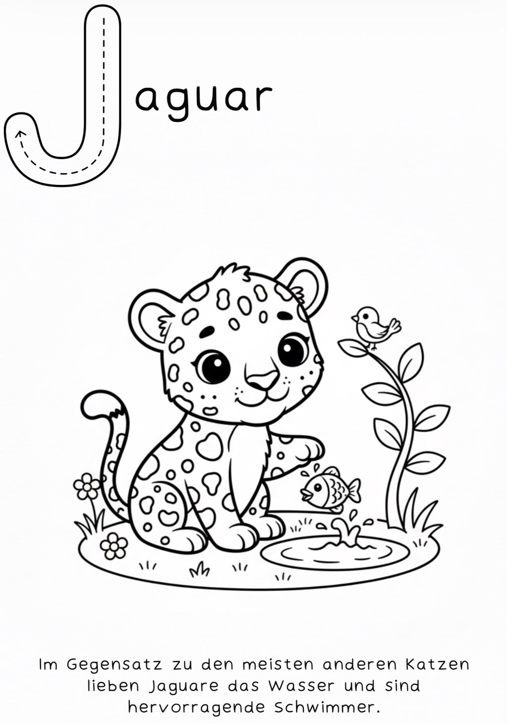 Buchstabe J wie Jaguar – Tier-Malvorlage zum Lernen des Alphabets.
